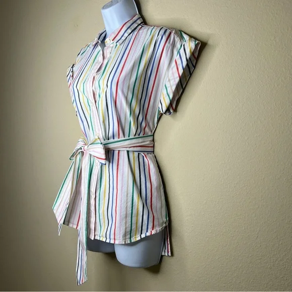 J CREW Button-Front Tie-Waist Top in Rainbow Mini Stripe Poplin - L6710 - Sz XS - Picture 7 of 11